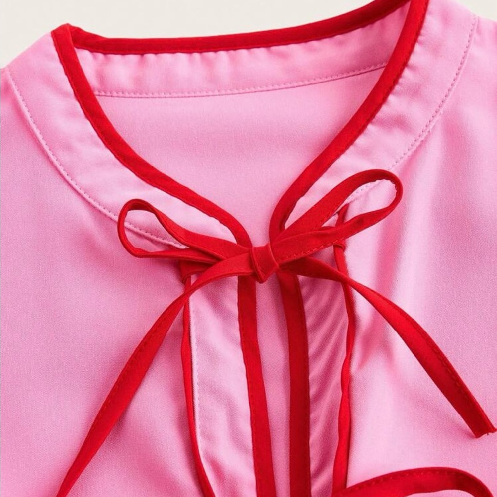 SHEIN Pink Puff Sleeve Blouse with Red Trim & Bow Ties - Picture 4 of 6